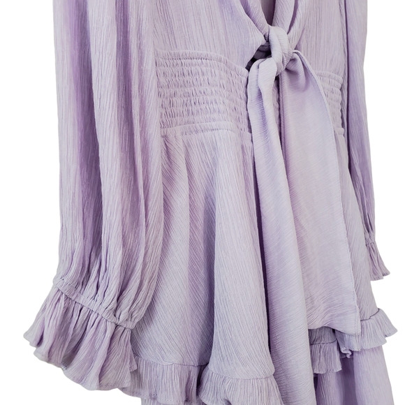 Saints + Secrets Long Sleeve Deep V Tie Front Ruffle Mini Dress, Violet, L - Picture 7 of 12